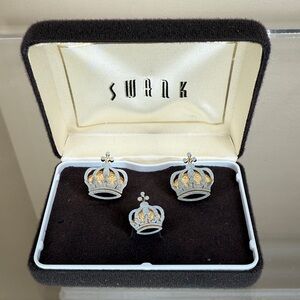 SWANK Vintage Silver and Gold Crown Cuff Links Set & Tie Tack